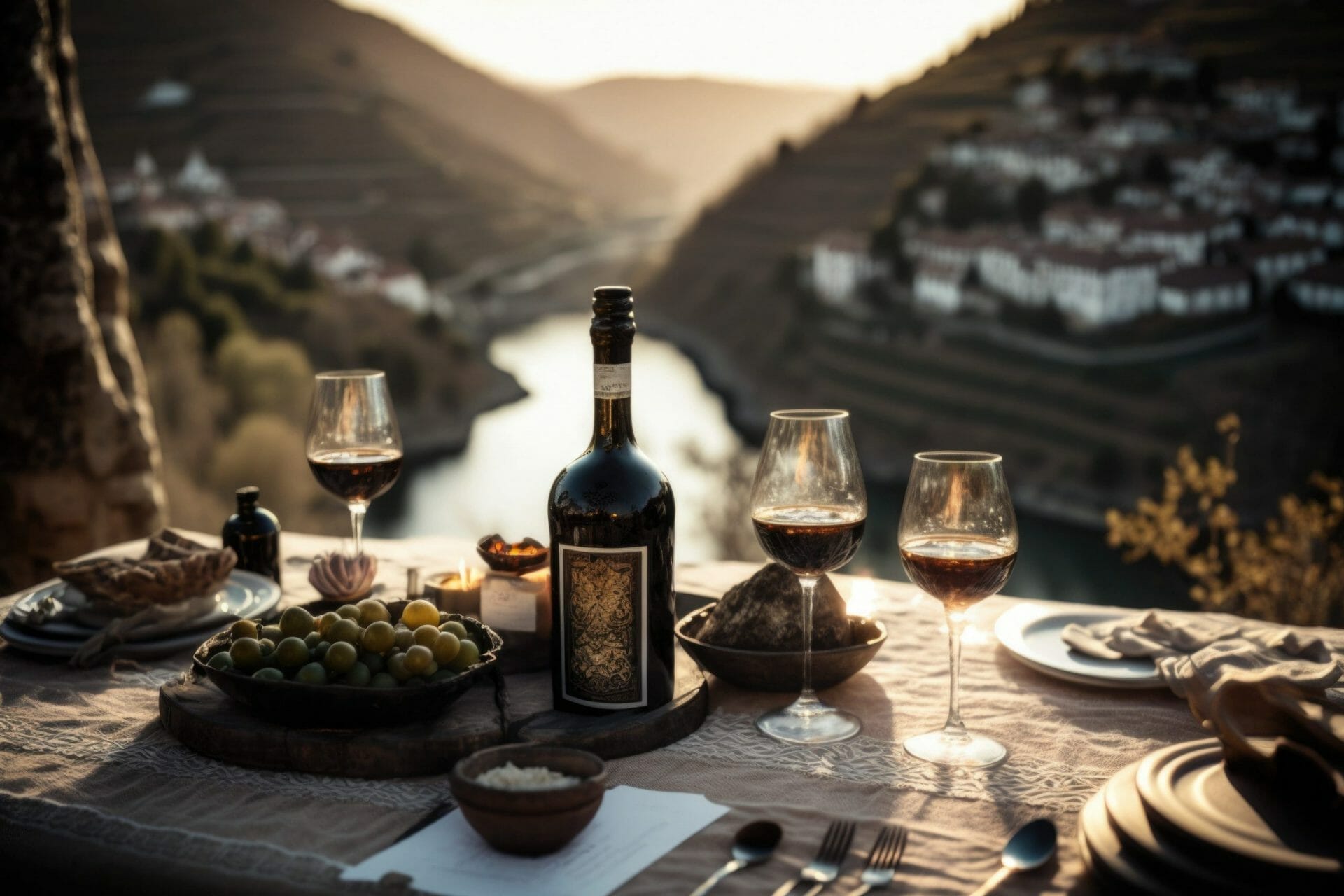 Una impresionante disposición de mesa que presenta una botella de vino de Oporto de añada. Portugal