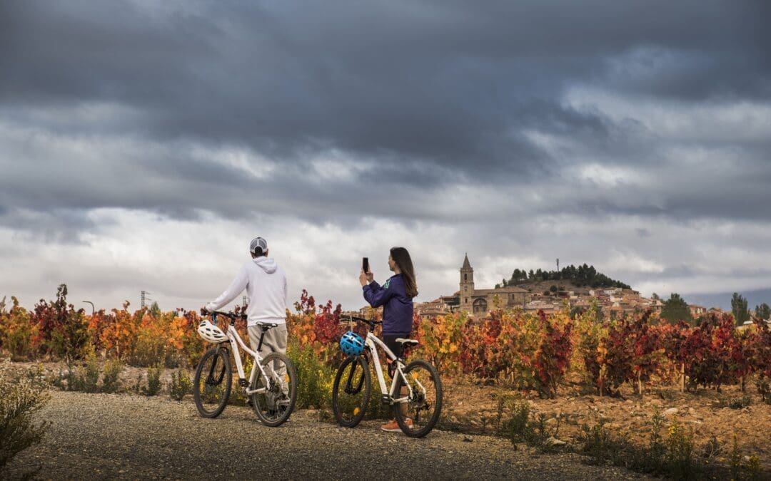 Dos personas en bicicleta en viñedos de La Rioja